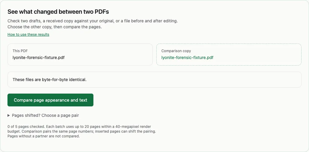 Compare two PDFs and see what changed: example in the Lyonite checker using a synthetic PDF