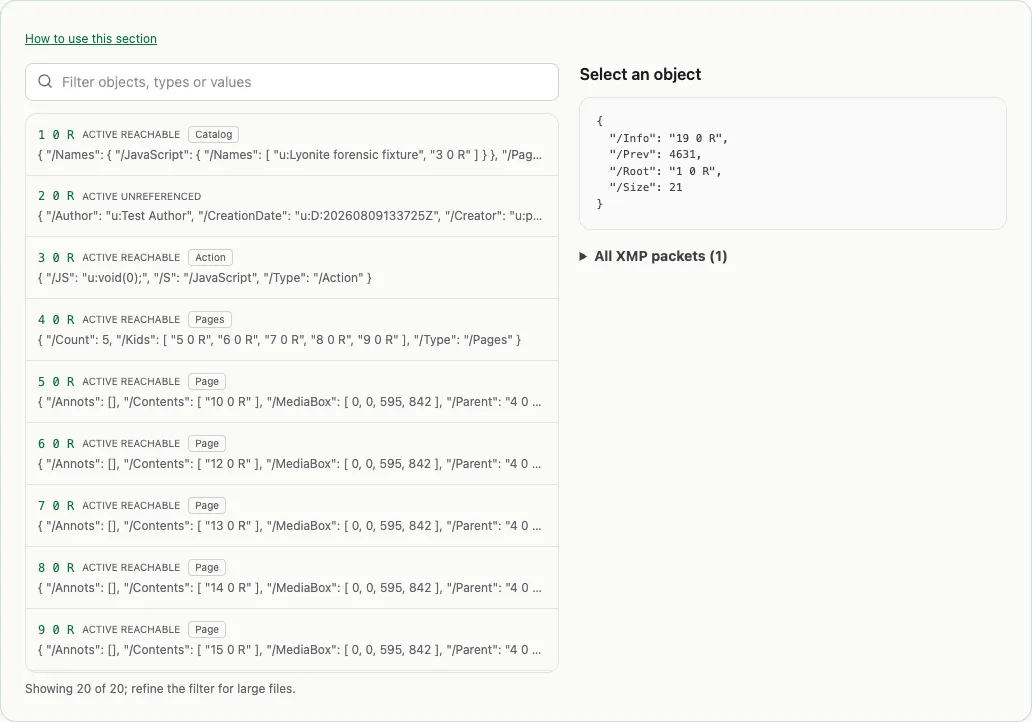 Inspect PDF objects, XMP and raw bytes: example in the Lyonite checker using a synthetic PDF